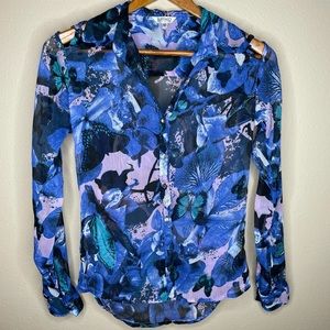 Buffalo David Bitton Sheer Butterfly Button Down Blouse Size XS Shoulder Cutouts